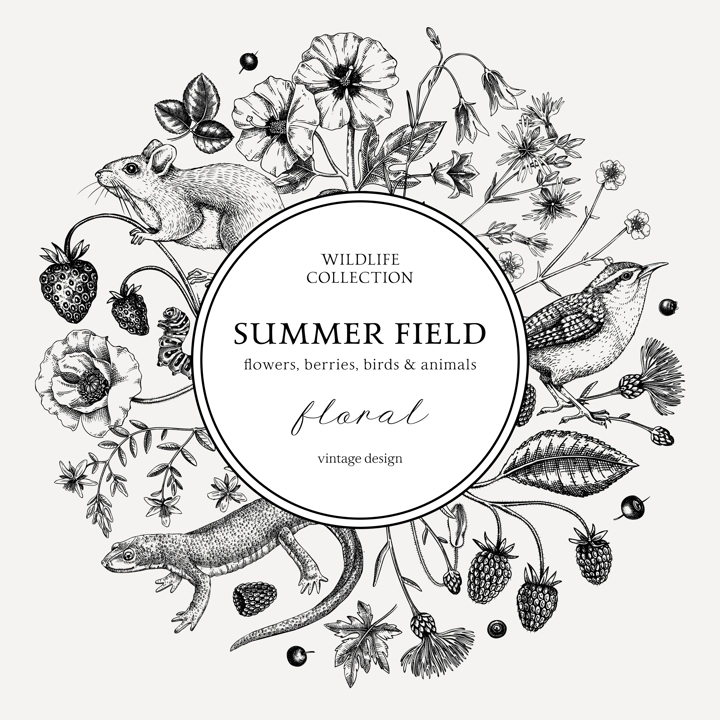 Sketched summer background. Floral wreath design. Wildlife sketches. Wildflowers botanical illustration. Hand-drawn field of flowers, birds, and animals for wedding invitation, vintage decoration.
